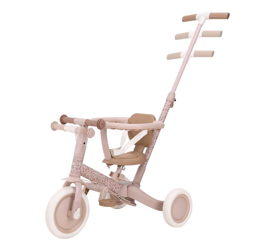 Triciclo infantil 4 en 1 con barra rosa flores Little dutch