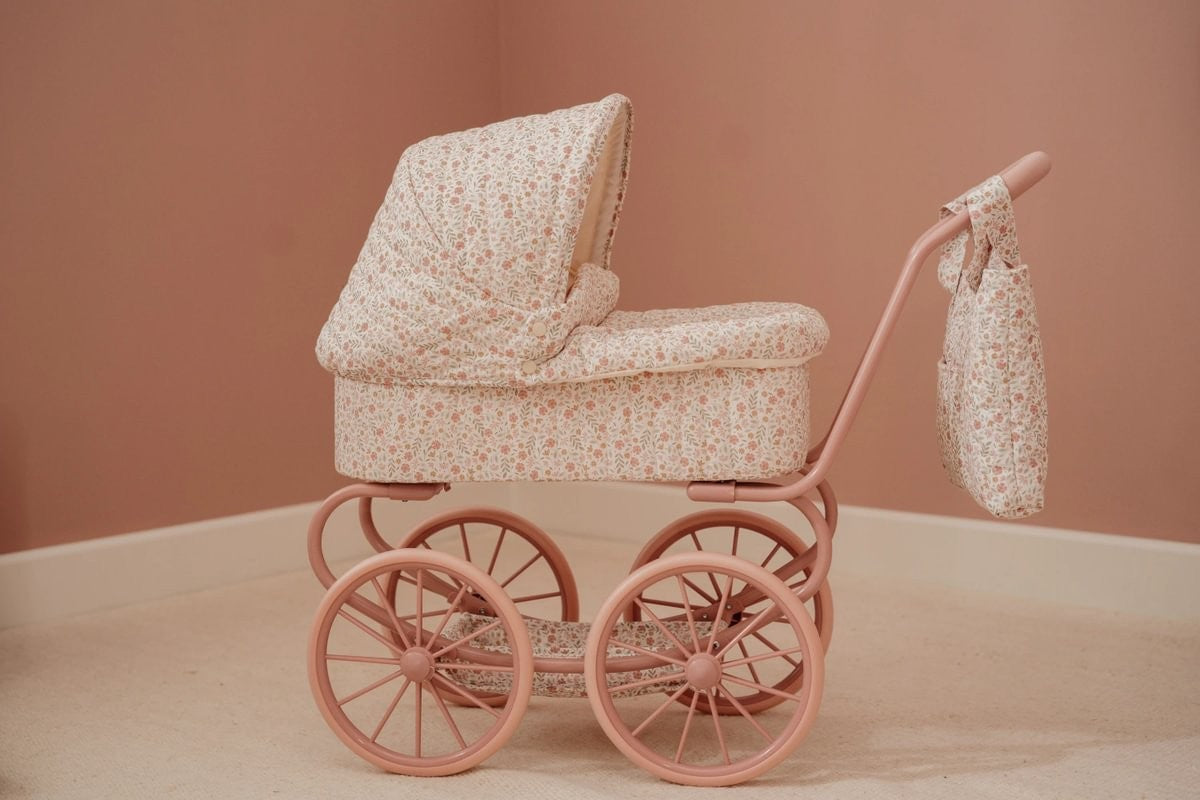 Carrito de paseo de muñecas metal Flores rosa Little Dutch