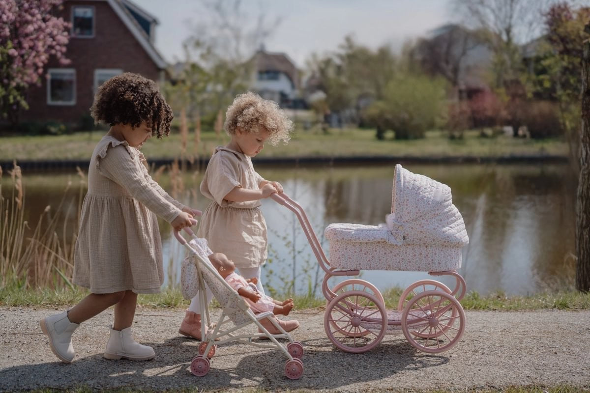 Carrito de paseo de muñecas metal Flores rosa Little Dutch