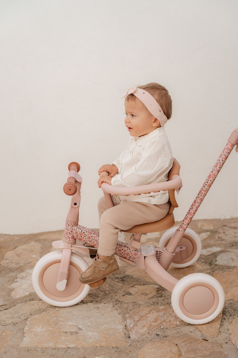 Triciclo infantil 4 en 1 con barra rosa flores Little dutch