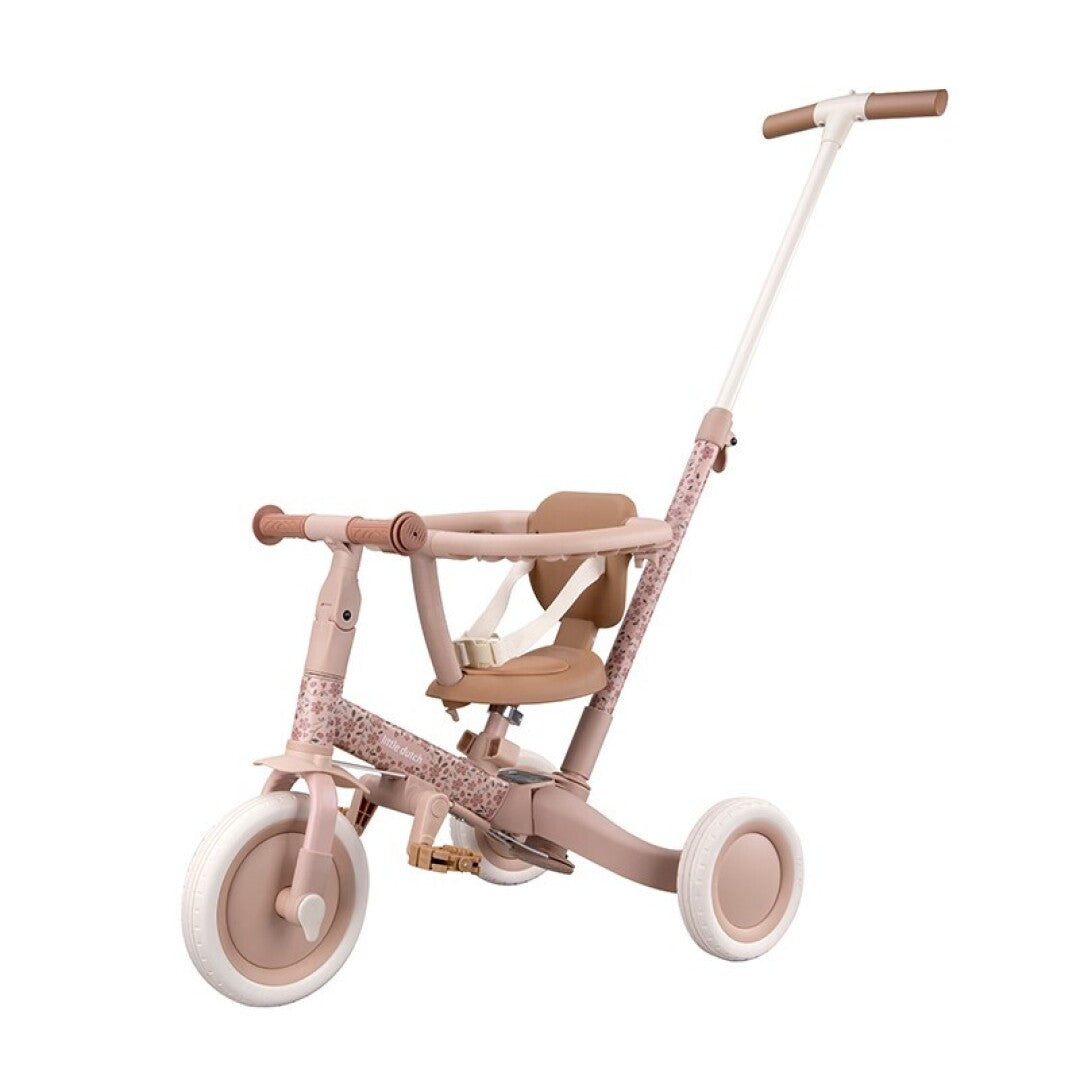 Triciclo infantil 4 en 1 con barra rosa flores Little dutch
