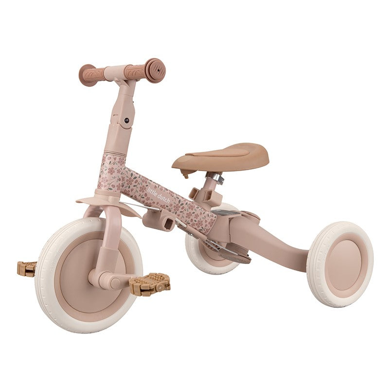 Triciclo infantil 4 en 1 con barra rosa flores Little dutch