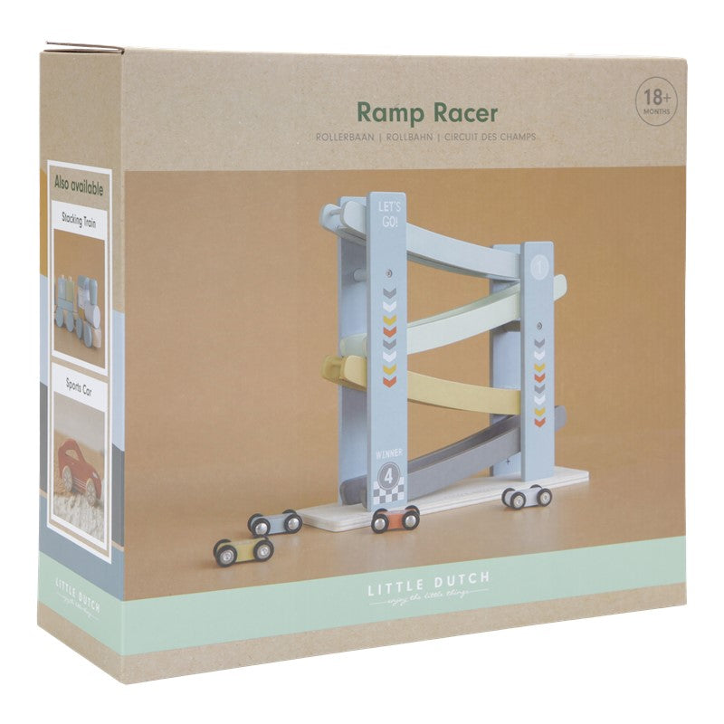Pista rampa de coches de carreras de madera azul Little Dutch
