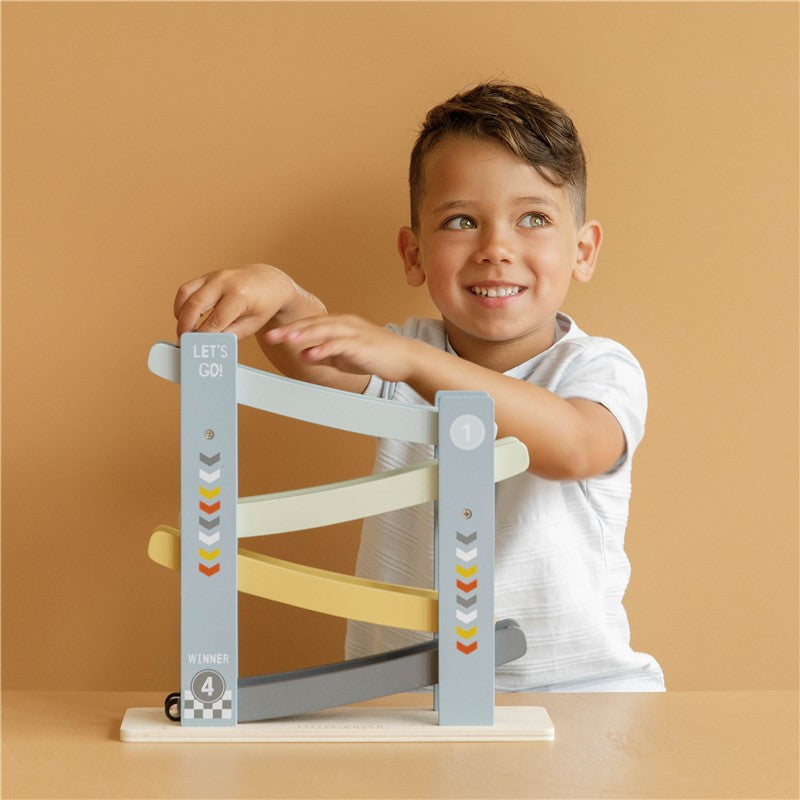 Pista rampa de coches de carreras de madera azul Little Dutch